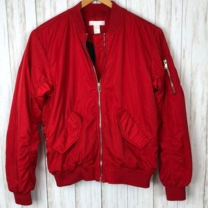 H&M Red Ruched Bomber Zip Jacket